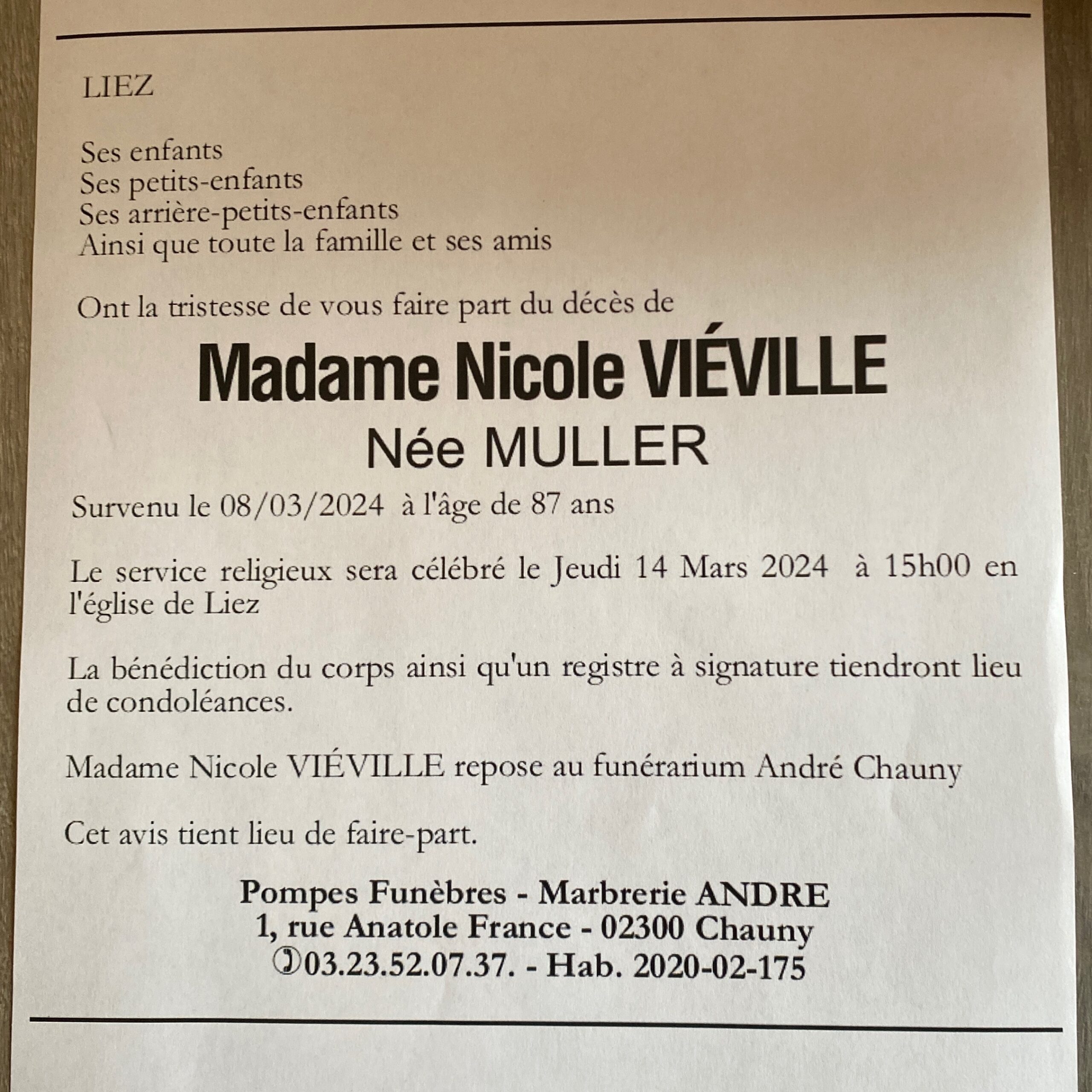Espace hommage de Madame Nicole Viéville